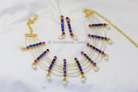 Kundan Jadau Pearl Necklace Set - Blue