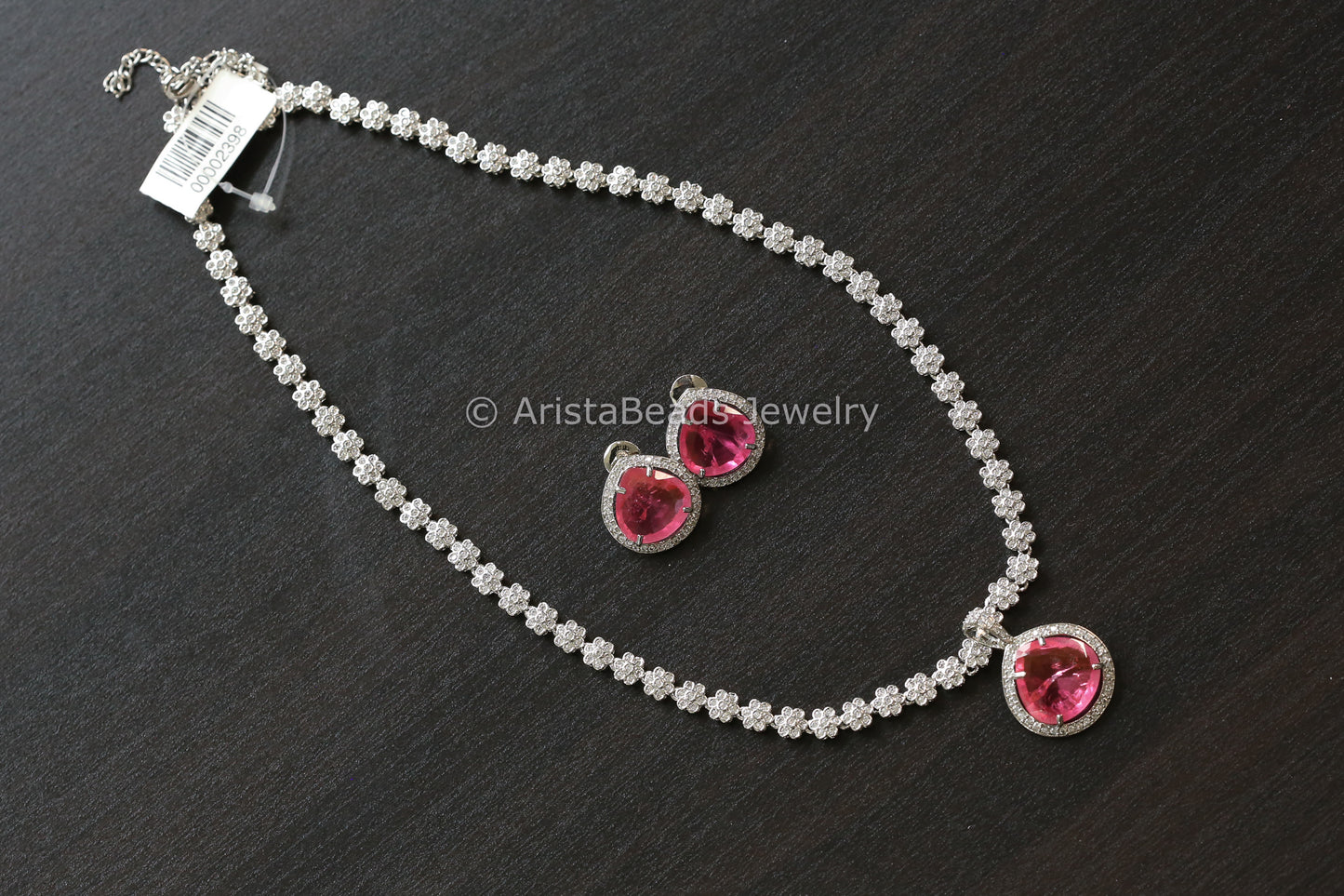 Removable Silver CZ & Pink Doublet Necklace Set (102-40)