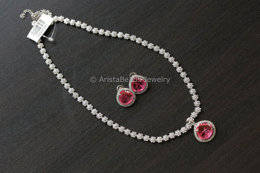 Removable Silver CZ & Pink Doublet Necklace Set (102-40)