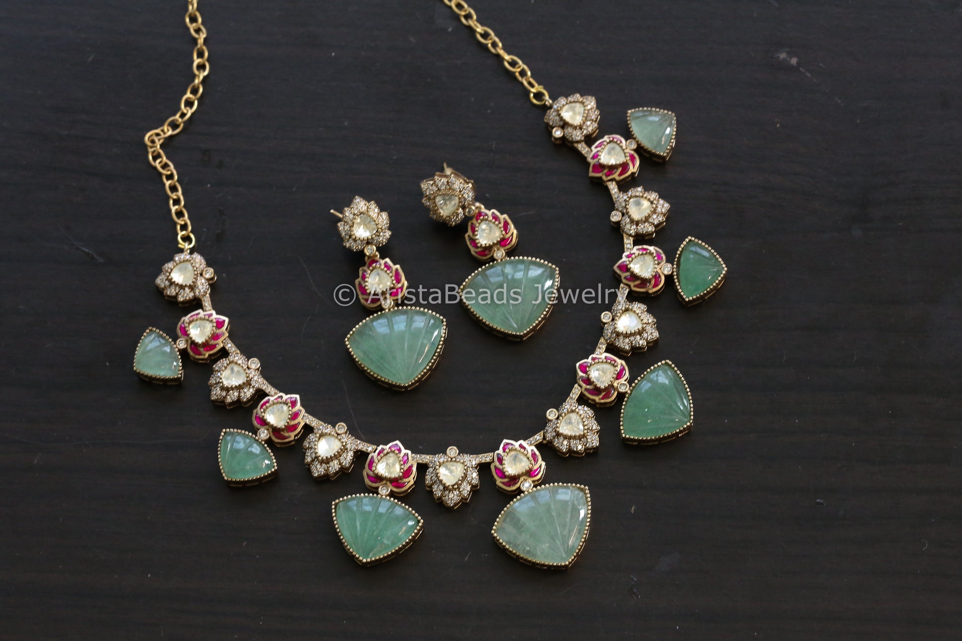Premium Carved Fluorite, Jadau & Moissanite Set (J102-21)