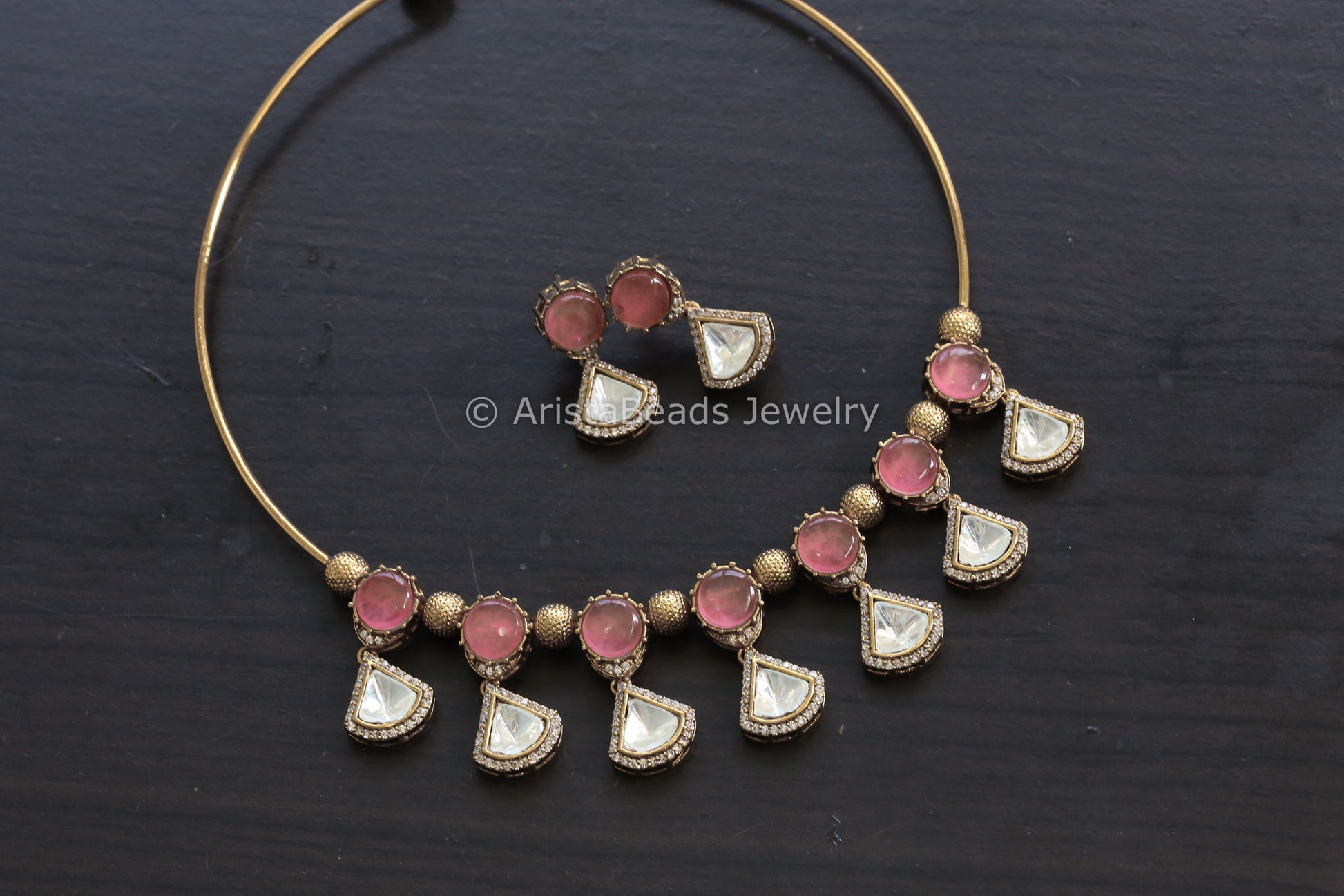 Pink Pota Doublet Stone & Polki Hasli Set (102-22)