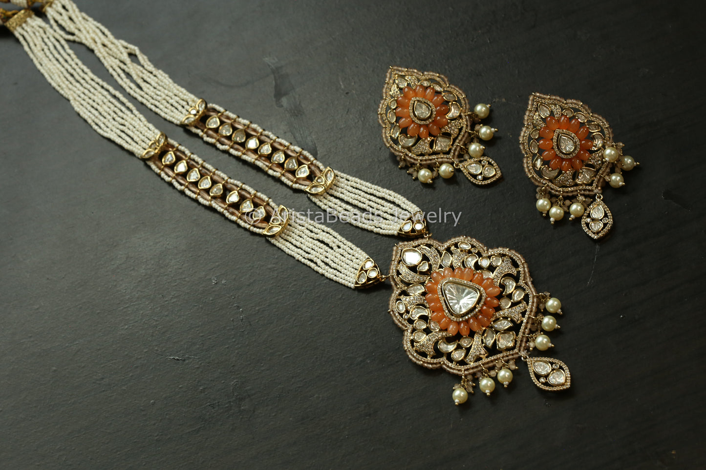 Orange Pota Stone & Uncut Kundan Necklace Set (ABJ-N101-93)