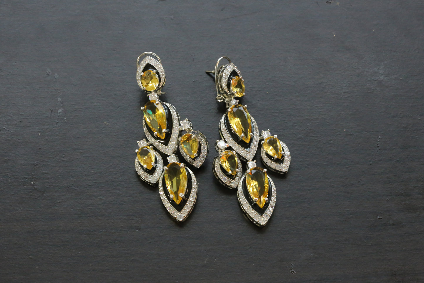 Premium Yellow & Clear CZ Earrings - Black Enamel