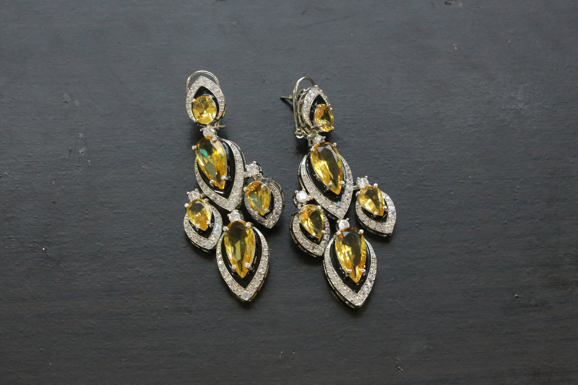 Premium Yellow & Clear CZ Earrings - Black Enamel