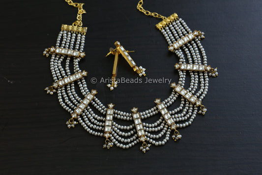 6 Line Gray Pearls & Jadau Kundan Set (104-10)