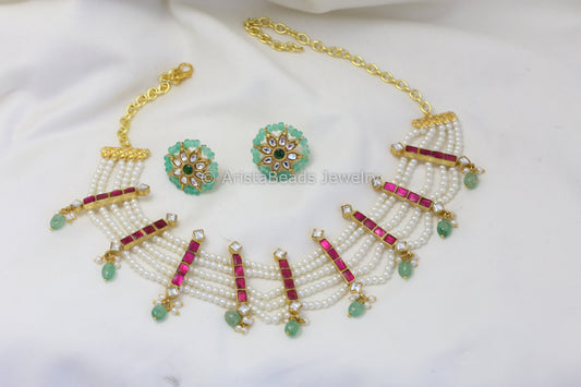 Kundan Jadau Pearl Necklace Set - Ruby Green