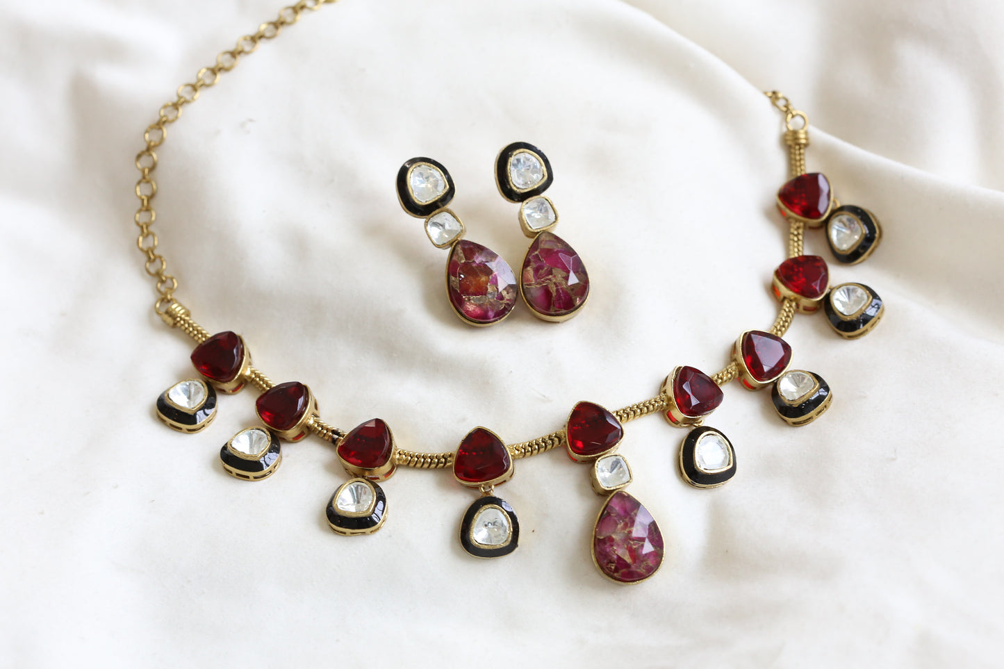 Polki Kundan, Enamel  & Marble Doublet Set - Red  (103-17)