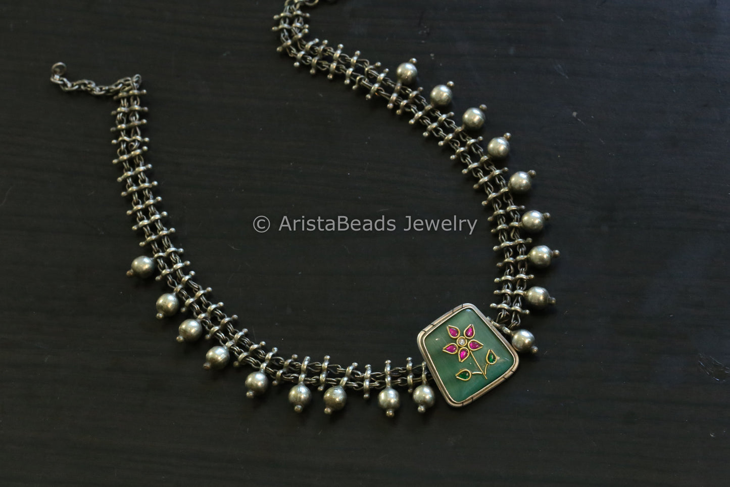 Kundan Inlay Silver Look Alike Fusion Necklace - Mint