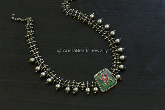 Kundan Inlay Silver Look Alike Fusion Necklace - Mint