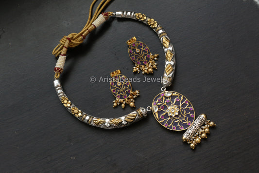 Silver Look Alike Inlay Kundan Hasli Set - Purple