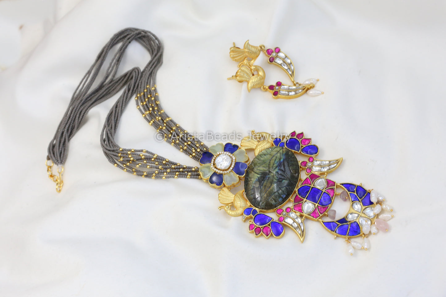Next To Real Silver Jadau & Labradorite Pendant Necklace Set