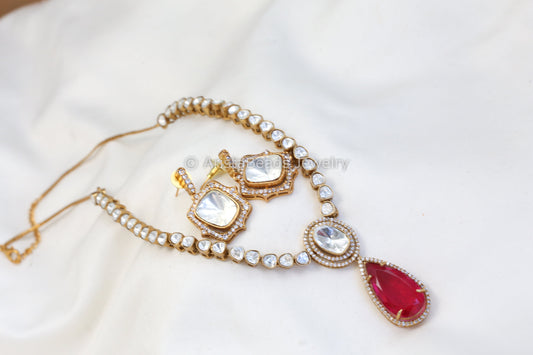 Uncut Kundan Polki Doublet Necklace Set - Red