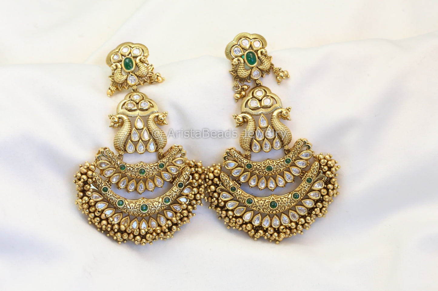 Matt Gold Polki Kundan Chandbaali - Green