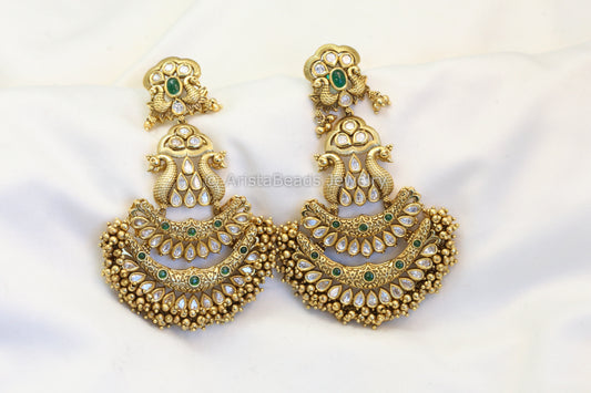 Matt Gold Polki Kundan Chandbaali - Green