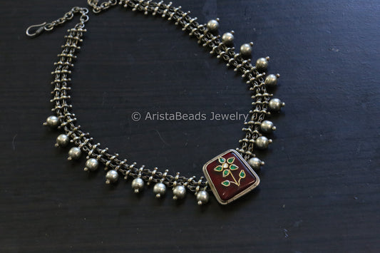 Kundan Inlay Silver Look Alike Fusion Necklace - Red