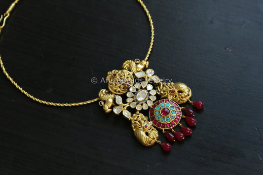 Turquoise Ruby Jadau & Moissanites Fusion Hasli Necklace