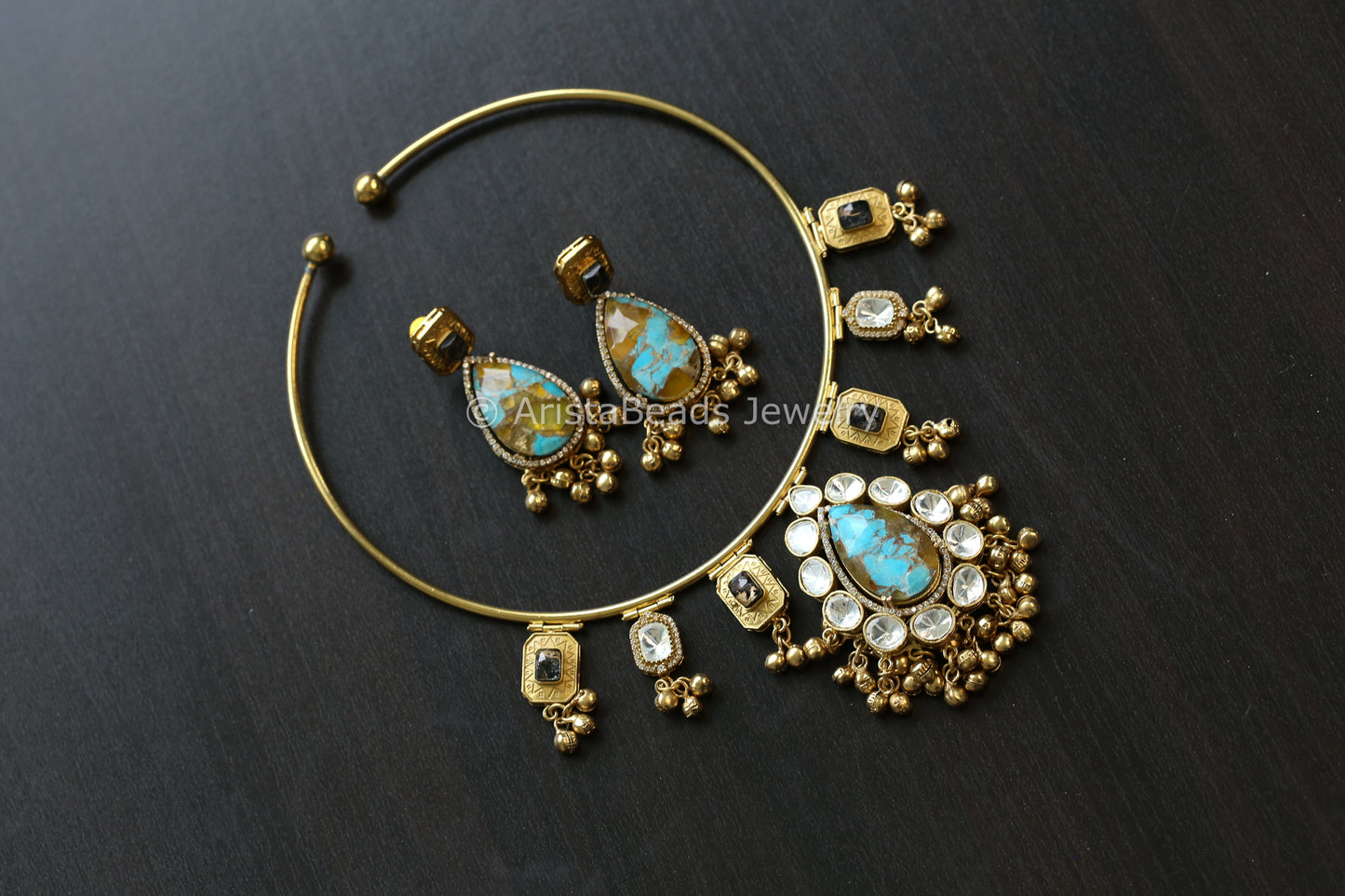 Premium Mosaic Doublet &  Uncut Kundan Hasli Set (103-22)