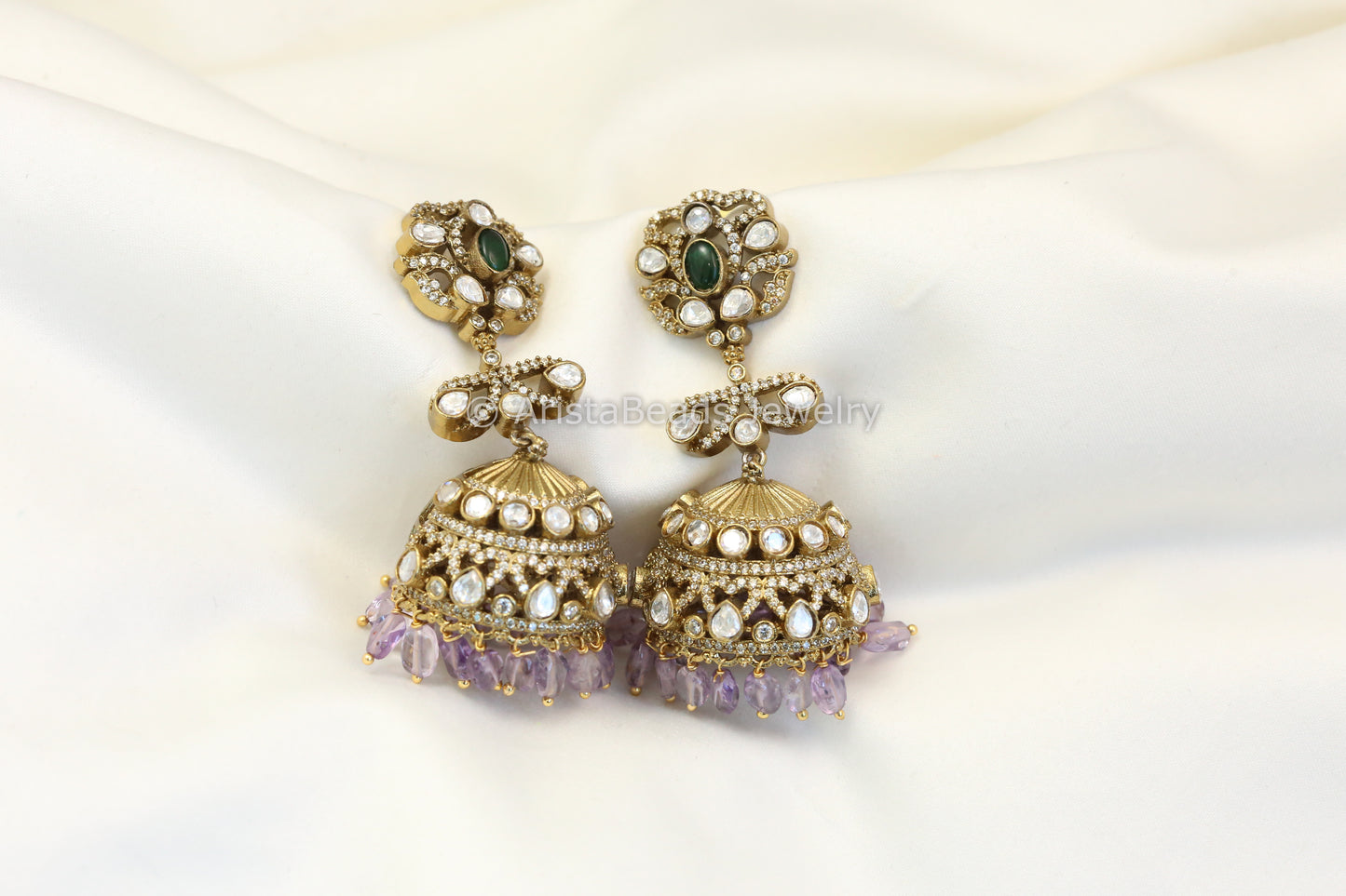 Real Silver Look Victorian Polki Jhumka -  Amethyst