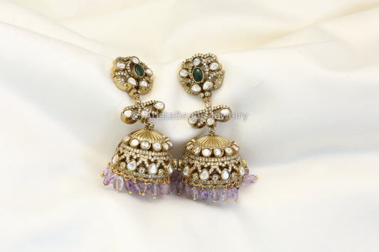 Real Silver Look Victorian Polki Jhumka -  Amethyst