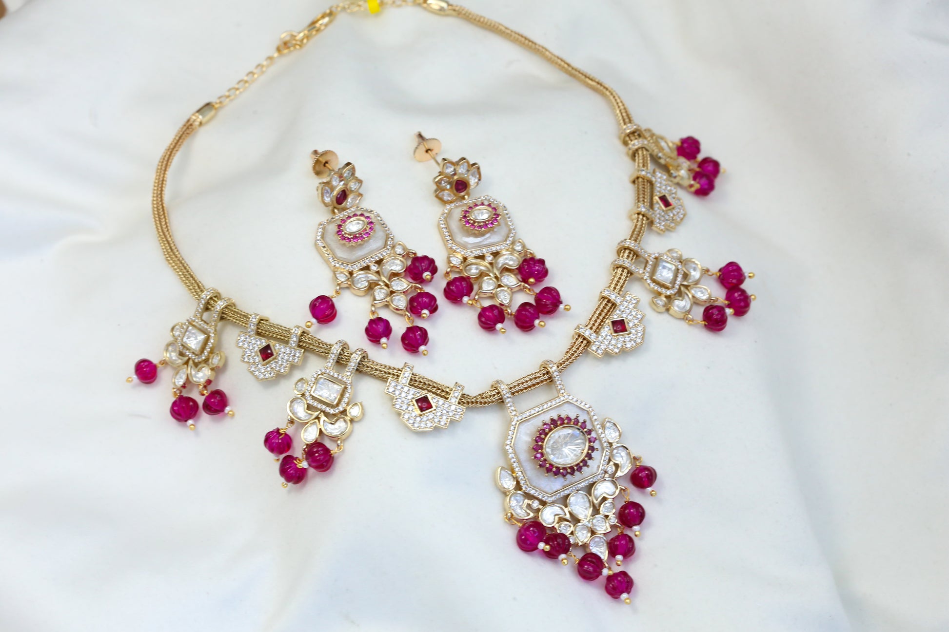 Mop Kundan Polki Necklace Set - Ruby Pink