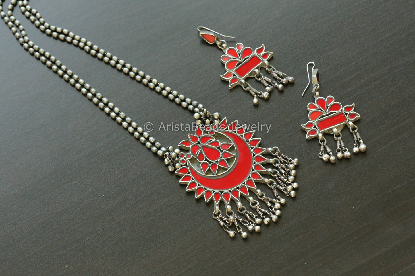 Red Real Glass Oxidized Necklace Set (T102-11)