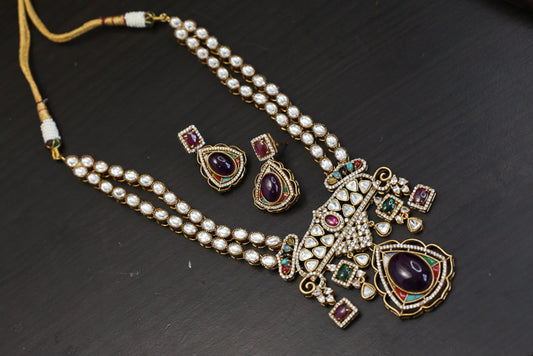 Victorian Moissanite Look Polki & Pota Doublet Set - Purple