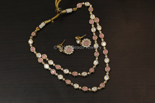 Dainty Layered Uncut Polki Necklace Set - Pink