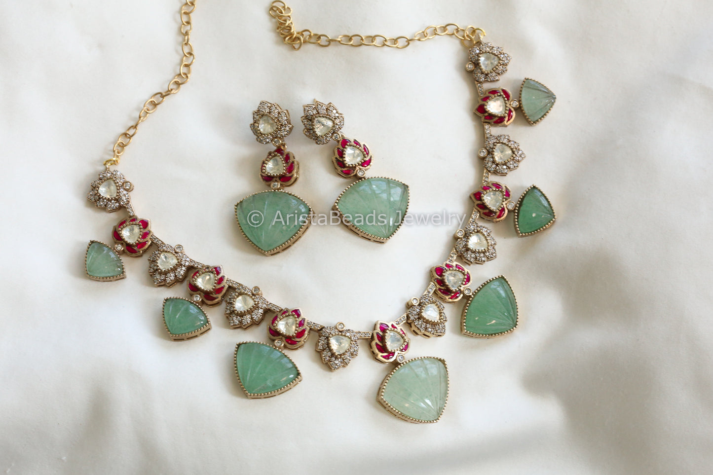 Premium Carved Fluorite, Jadau & Moissanite Set (J102-21)