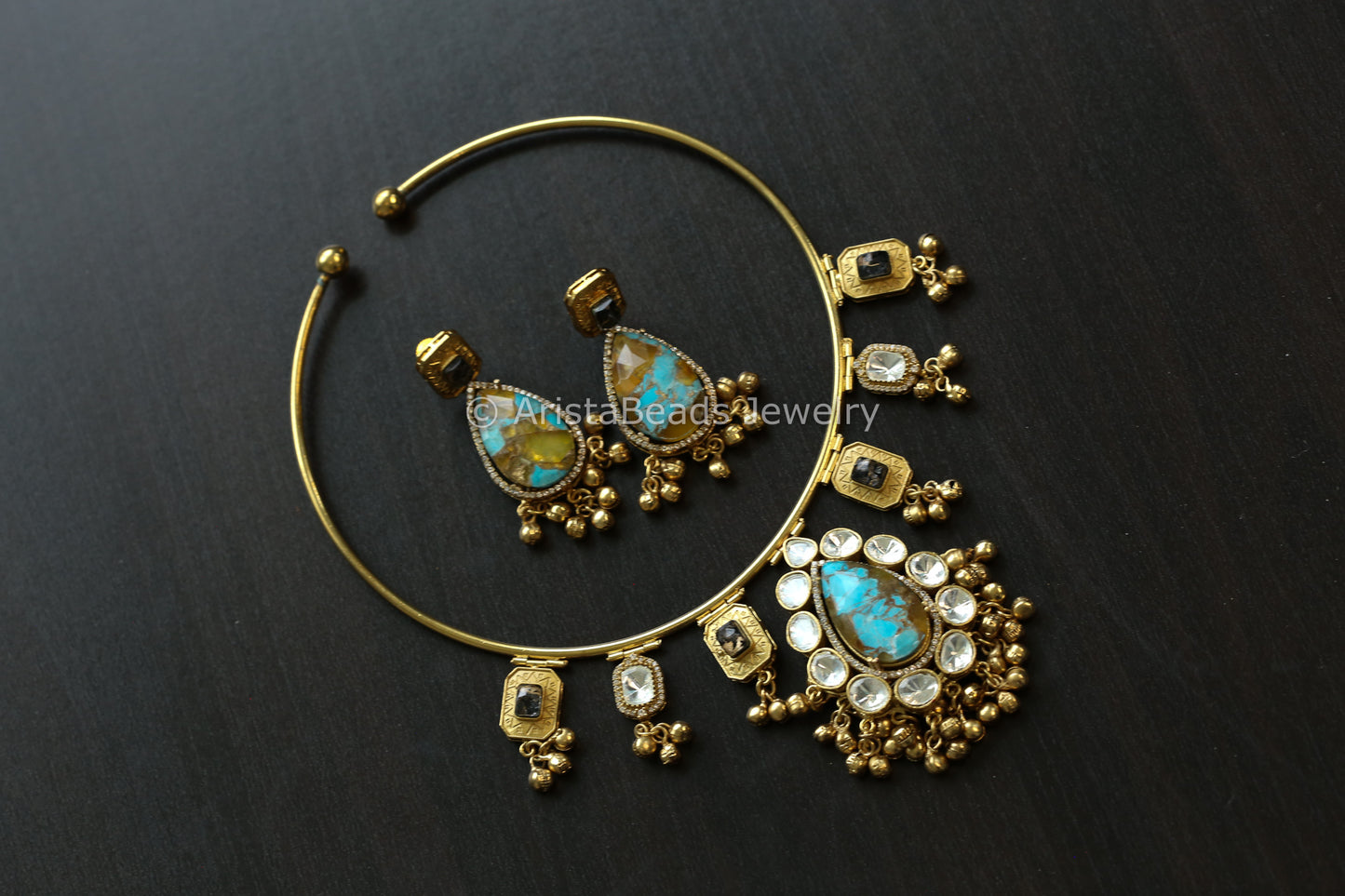 Premium Mosaic Doublet &  Uncut Kundan Hasli Set (103-22)