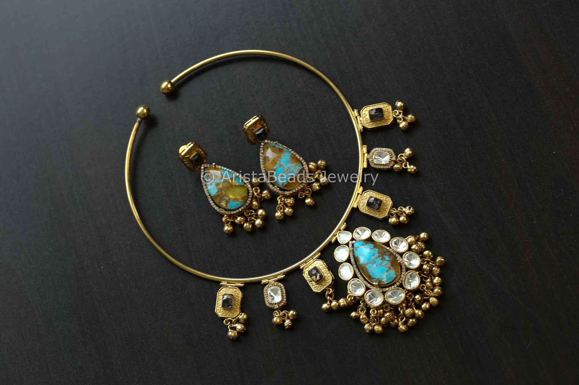 Premium Mosaic Doublet &  Uncut Kundan Hasli Set (103-22)