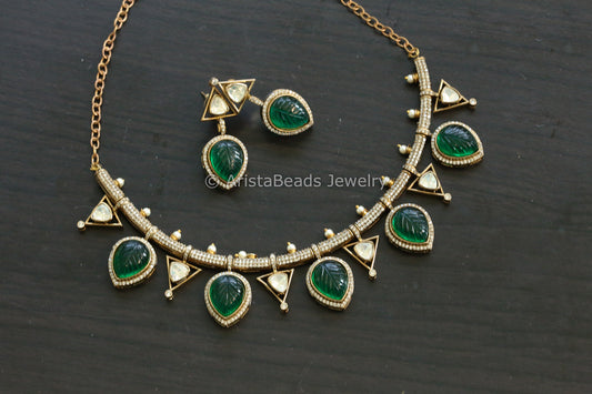 Carved Green Doublet & Moissanite Polki Set (102-27)