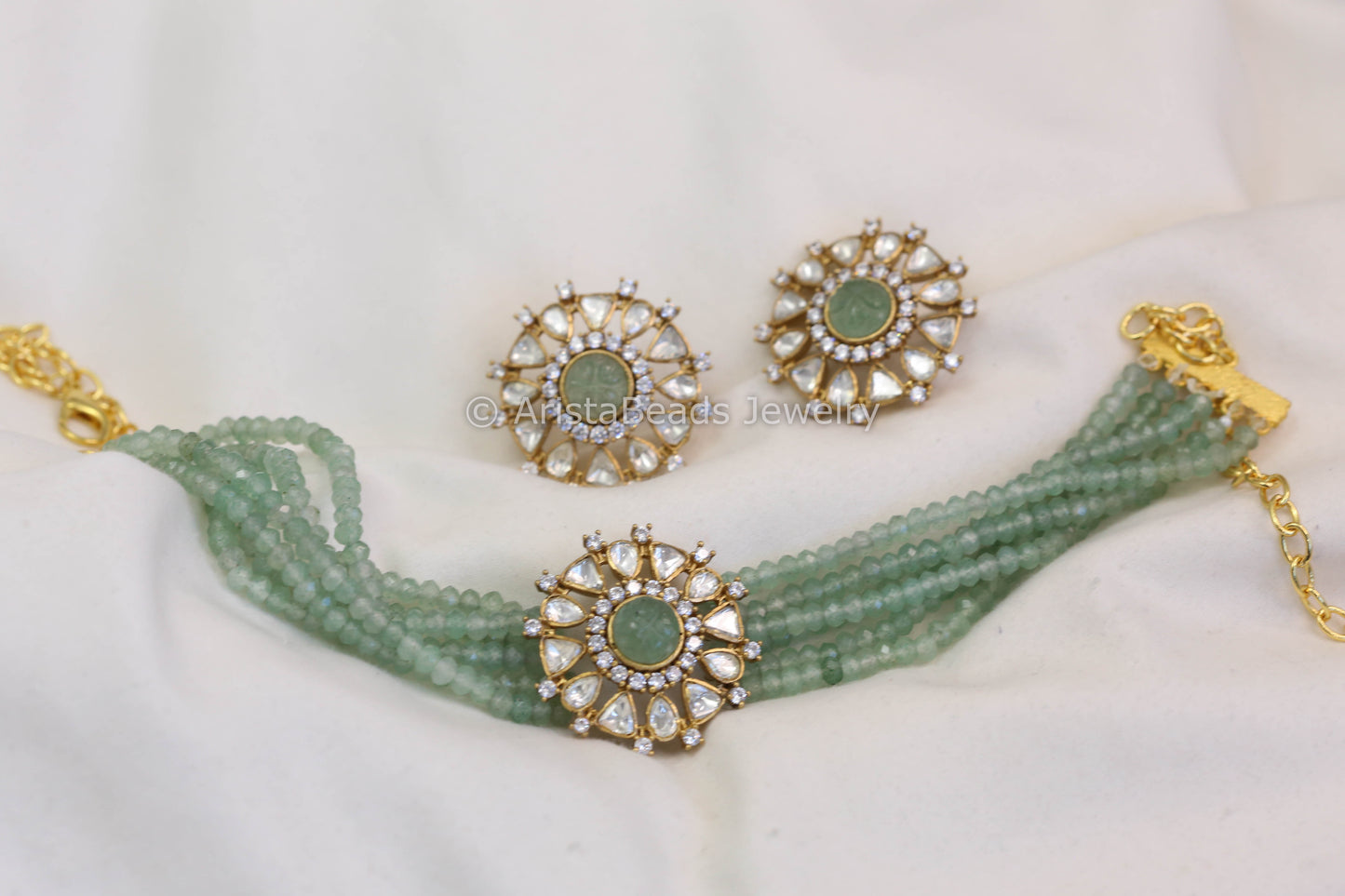 Real Moissanite Aventurine Beads Choker Set (103-50)