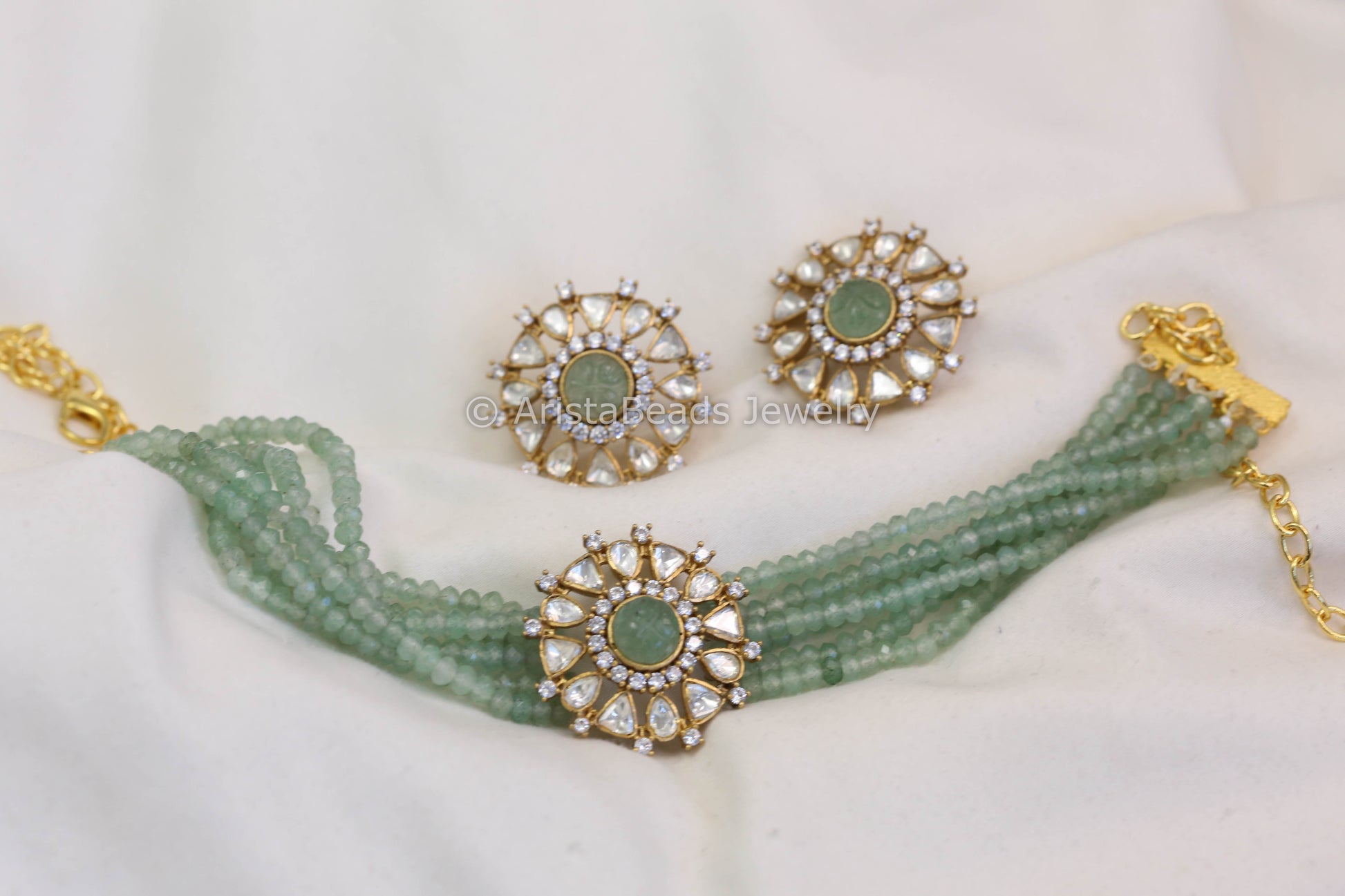 Real Moissanite Aventurine Beads Choker Set (103-50)