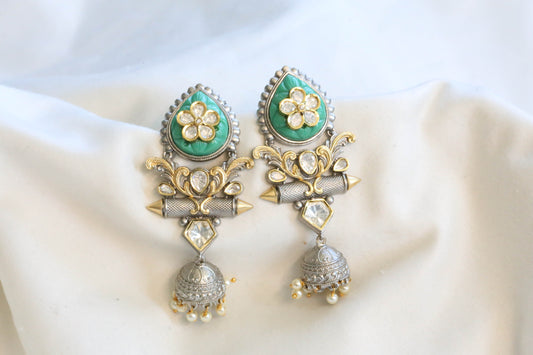 Rubab Dual Tone Carved Stone Jhumka - Blue (101-45)