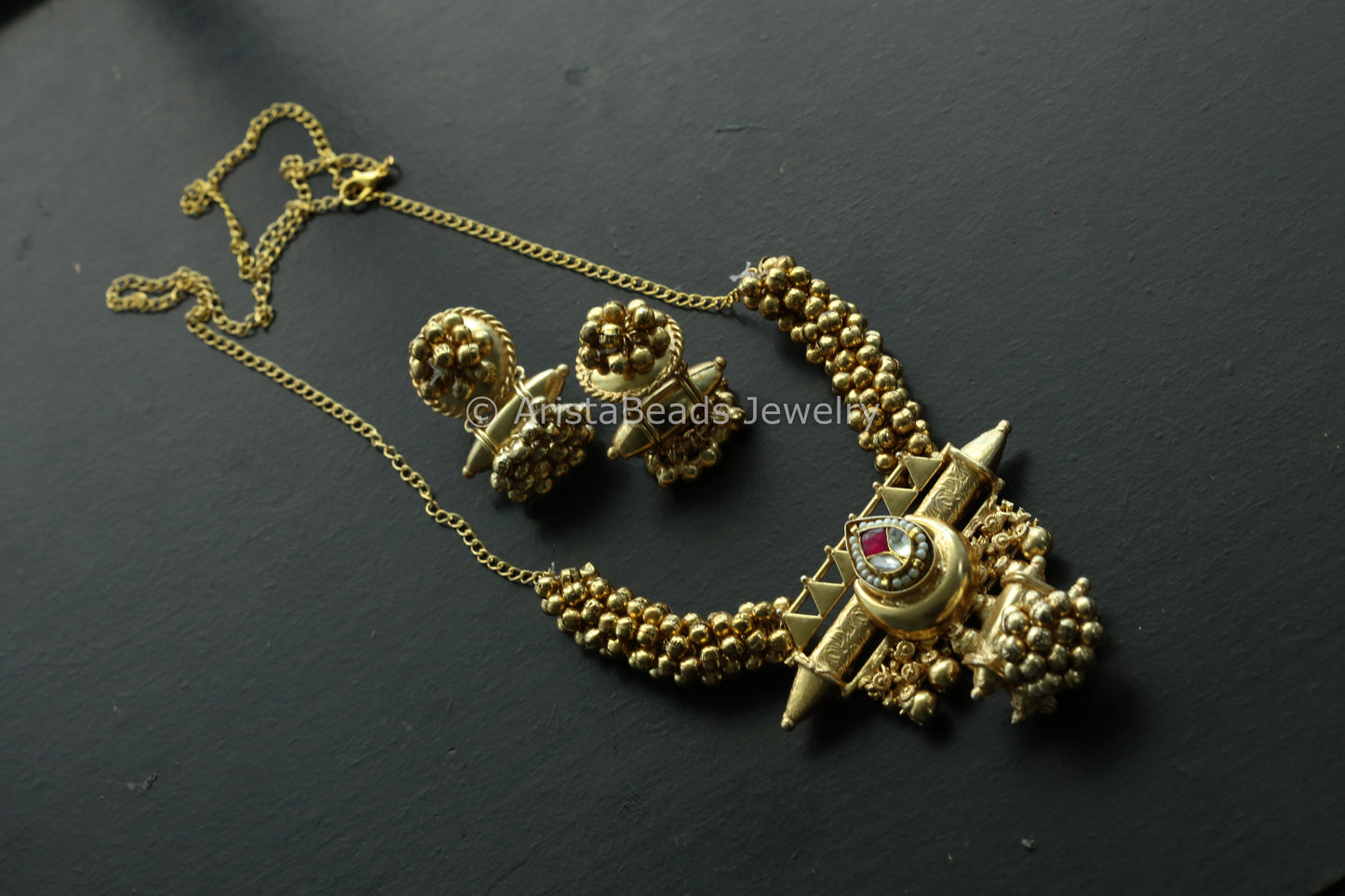 Gold Ghungroo Kundan Motif Set -Ruby