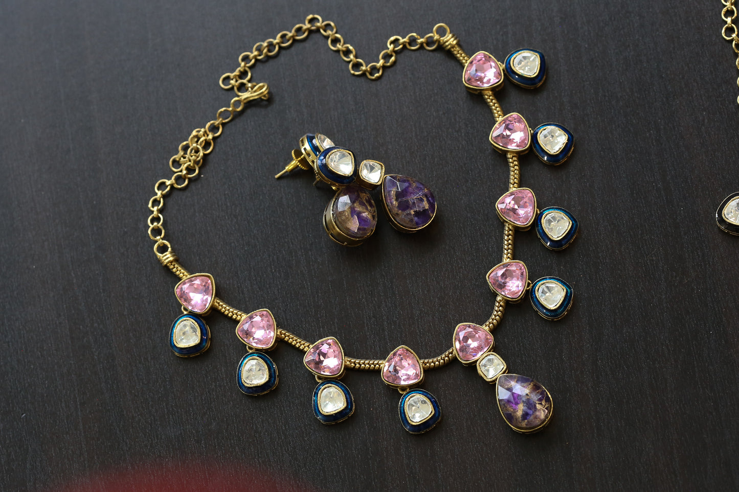Polki Kundan, Enamel  & Marble Doublet Set - Pink (103-14)