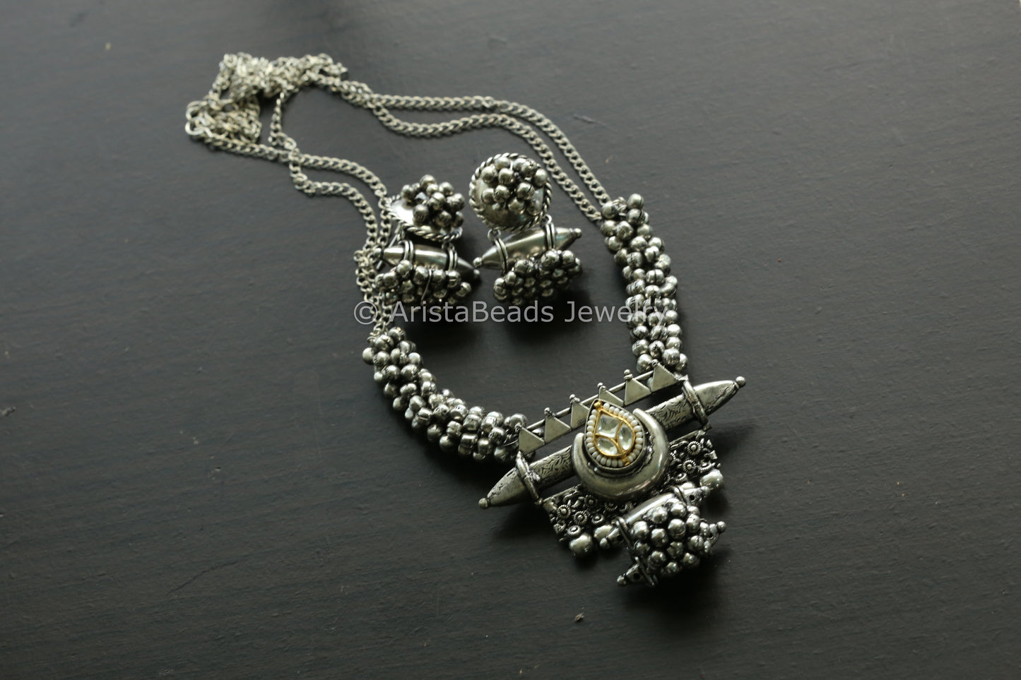 Oxidized Ghungroo Kundan Motif Set - Clear