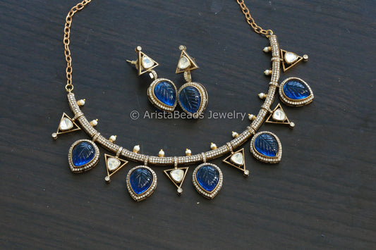 Carved Blue Doublet & Moissanite Polki Set (102-28)