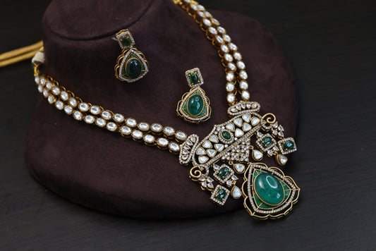 Victorian Moissanite Look Polki & Pota Doublet Set - Green