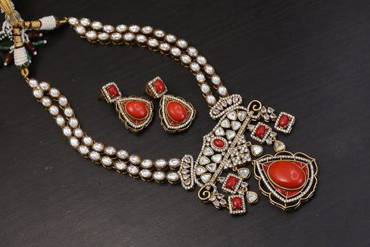 Victorian Moissanite Look Polki & Pota Doublet Set - Coral