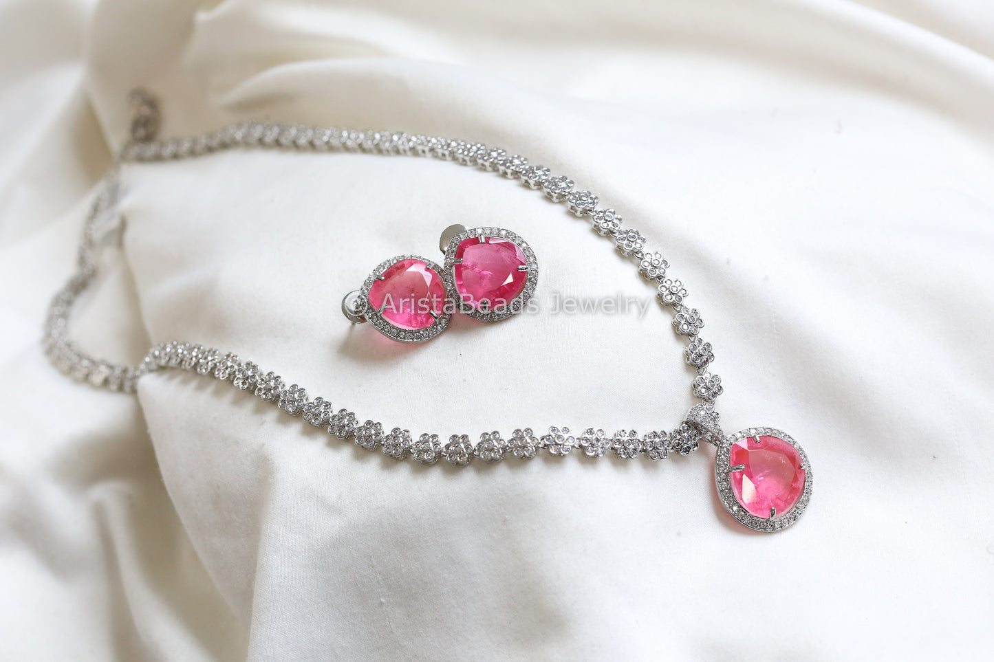 Removable Silver CZ & Pink Doublet Necklace Set (102-40)