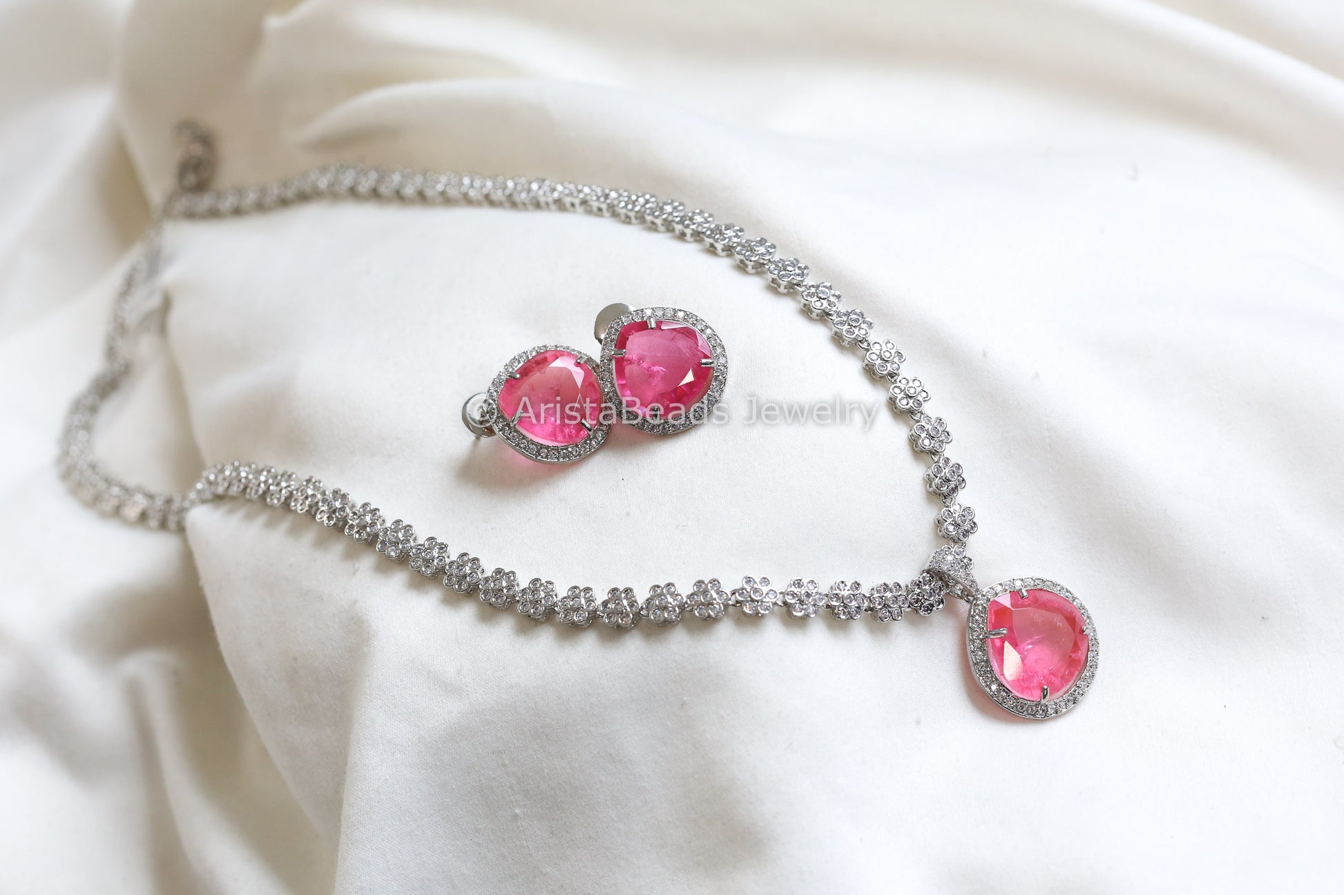 Removable Silver CZ & Pink Doublet Necklace Set (102-40)