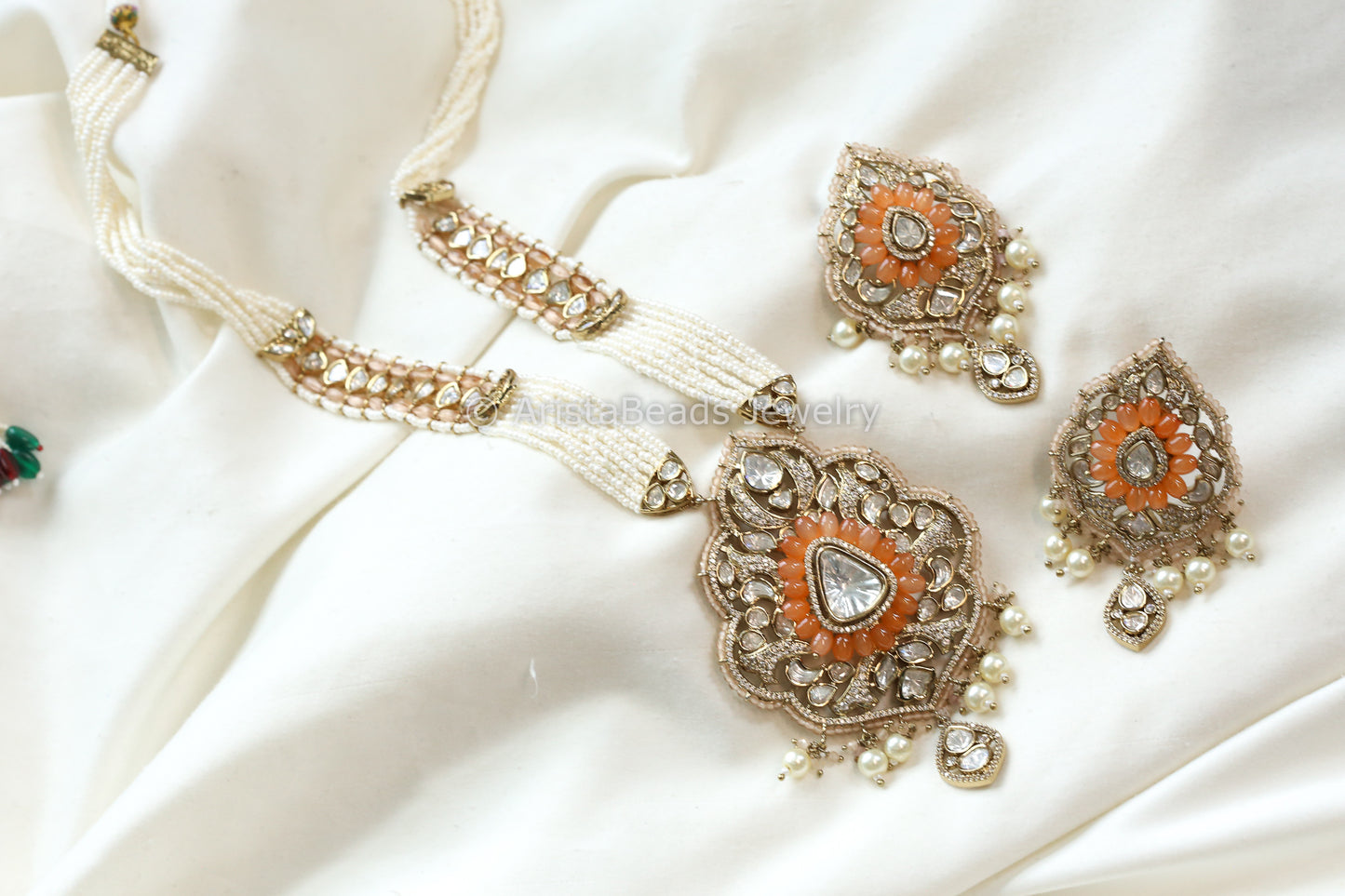 Orange Pota Stone & Uncut Kundan Necklace Set (ABJ-N101-93)