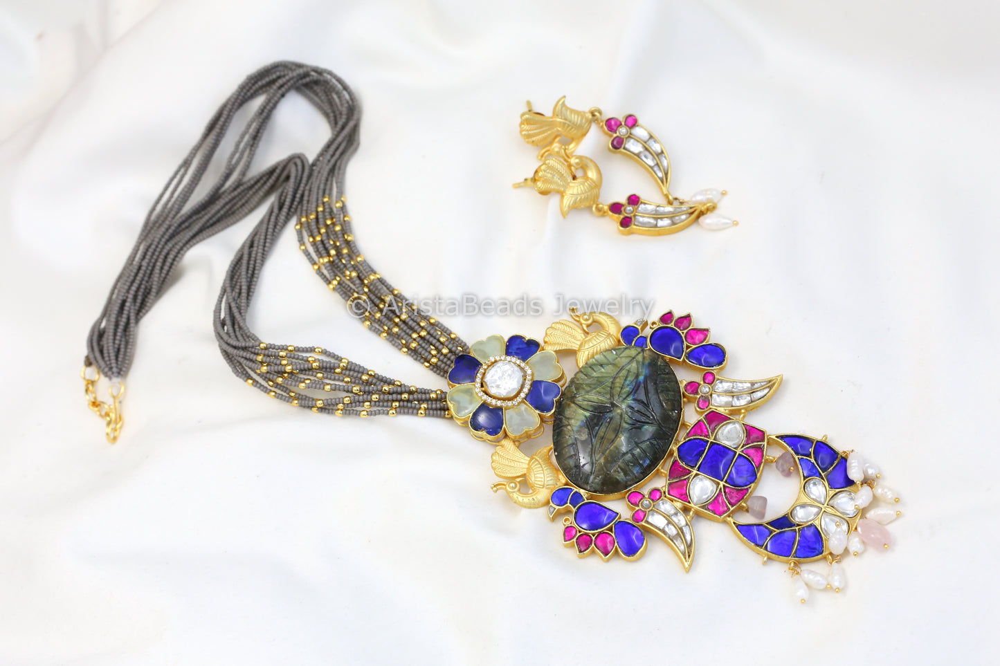 Next To Real Silver Jadau & Labradorite Pendant Necklace Set