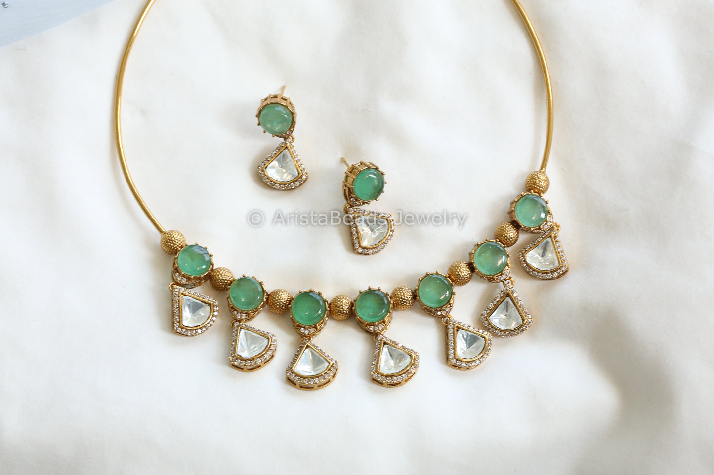 Mint Pota Doublet Stone & Polki Hasli Set (102-25)