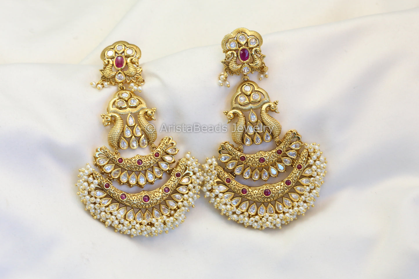 Matt Gold Polki Kundan Chandbaali - Red