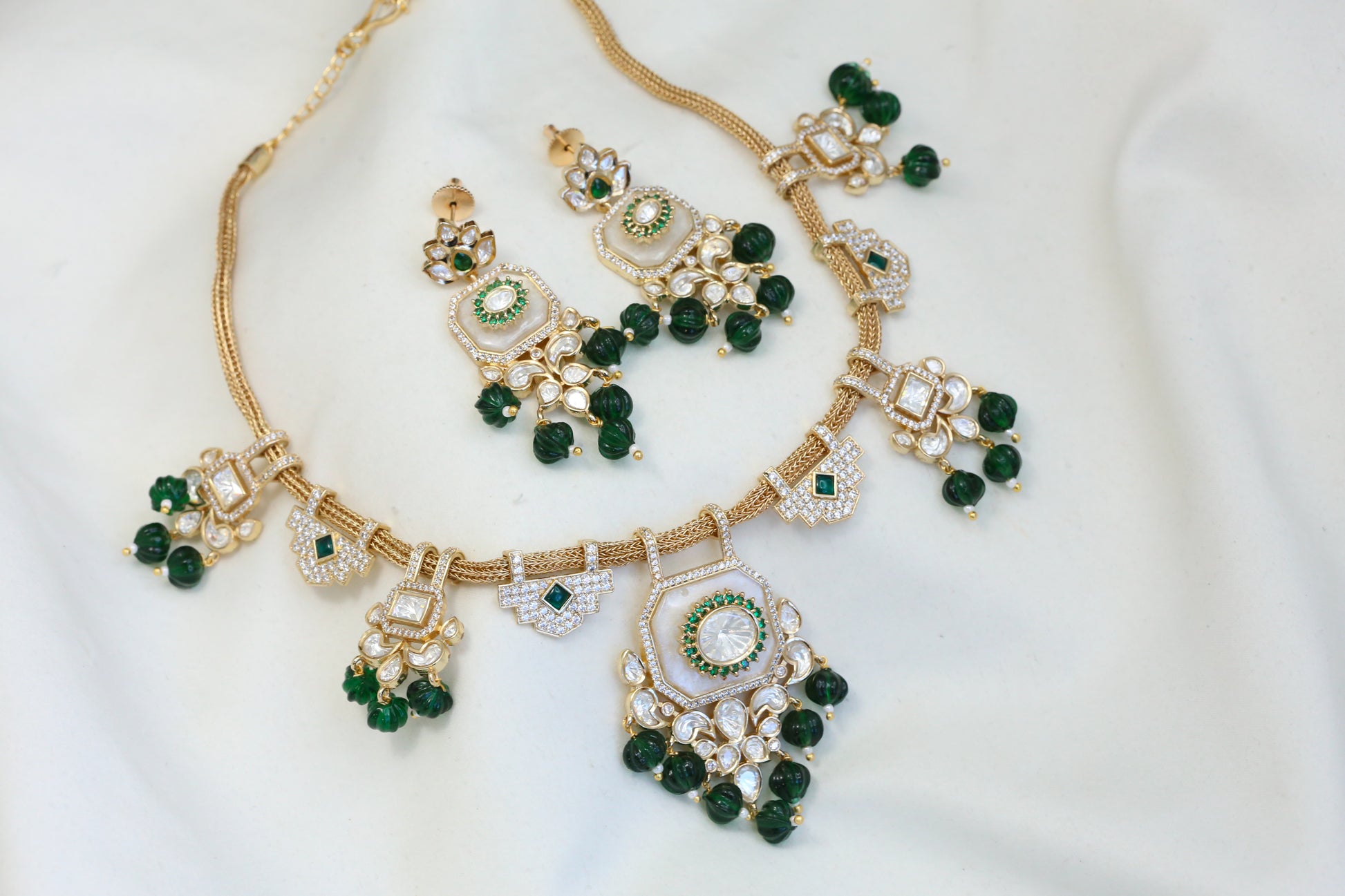 Mop Kundan Polki Necklace Set -Green
