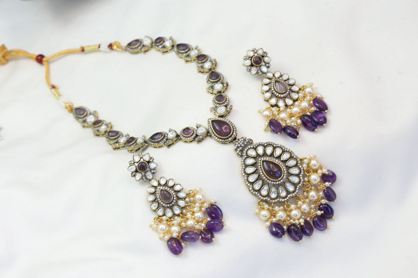 Purple Stones & Kundan Polki Necklace Set