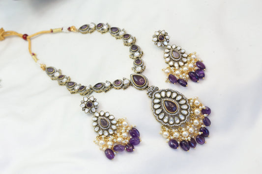 Purple Stones & Kundan Polki Necklace Set