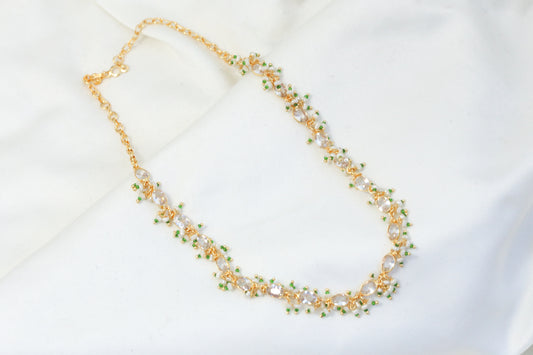 Dainty Clear CZ Polki  Necklace - Green